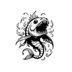Illustration of a predatory fish with sharp teeth in a stylized vintage tattoo design, perfect for apparel