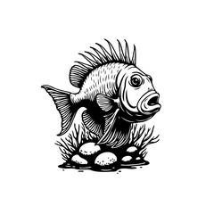Monochrome fish illustration on white background showcasing underwater wildlife and stylized aquatic life artistic nature
