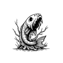 Creepy aquatic predator, illustration of a menacing fish creature with sharp teeth and eerie eyes in monochrome design