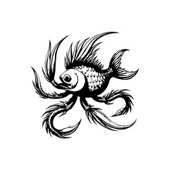 Artistic fantasy fish drawing with spiky fins and tentacles illustration on a white background art