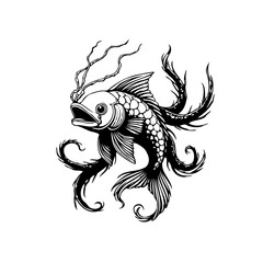 Stylized fish illustration in black and white with seaweed accents showcases artistic expression and aquatic themes creating captivating visual
