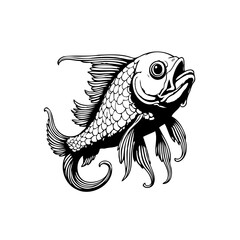 Detailed black and white drawing of a fish with its mouth open in a unique style illustration