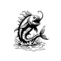 Intricate illustration showcasing an aggressive fish leaping out of the water in striking monochrome style