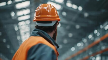 Construction worker with hard hat and radio. Safety and communication in industrial environments. Bearded man in orange workwear holding a walkie-talkie. - Powered by Adobe