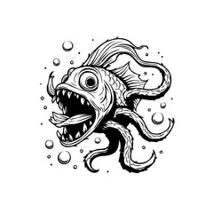 Detailed vector illustration of a cartoon sea monster, blending fish features with octopus tentacles with bubbles around it