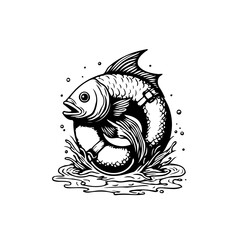 Detailed monochrome illustration of a fish leaping out of the water in an artistic style