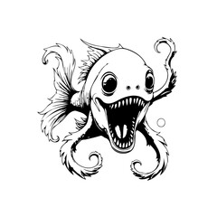 Cartoon black and white illustration of a scary fish and octopus creature, perfect for design elements