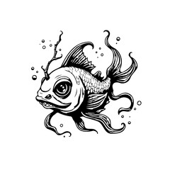 Artistic portrayal of a stylized fish in black and white aquatic illustration with unique details