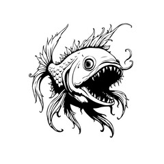 Detailed monochrome illustration of a frightening fish with sharp teeth suitable for tattoo design or graphics