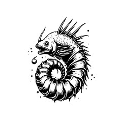 Whimsical aquatic creature fusion: a stylized illustration of a fish with a seashell body design