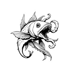 Intricate inked illustration of a fearsome fish with sharp teeth perfect for tattoo design