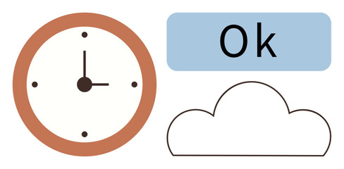 Analog clock with brown frame and pointed hands, outlined cloud, and Ok text block. Ideal for time management, approval concepts, minimalism, simplicity, clarity weather schedules. A simple flat
