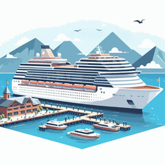 Colorful illustration depicts a cruise ship docked at a pier, surrounded by small boats and a picturesque harbor landscape, with mountains and clouds in the background.  The style is modern and flat.