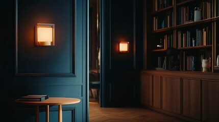 A Moody and Sophisticated Atmosphere in a Luxurious Private Library or Office, With Serene, Warm Lighting Creating a Calm and Elegant Ambiance. Zoom Virtual Meeting Backdrop, Background