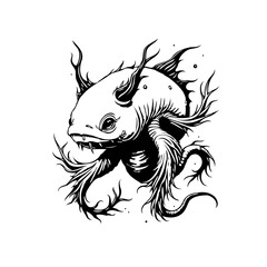Illustrative representation of a stylized axolotl featuring intricate linework and a surreal aquatic creature design underwater drawing