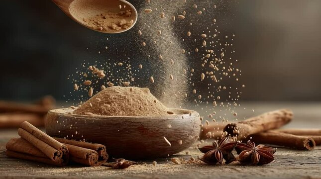 Cinnamon powder falling from a wooden spoon into a bowl with cinnamon sticks and star anise a fragrant spice for baking