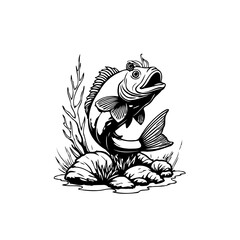 A vintage illustration of a large mouth bass leaping from the water surrounded by plants and rocks