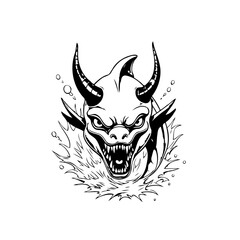 Devilfish vector illustration showcasing menacing creature with horns in water, captivating mythical drawing design, ink