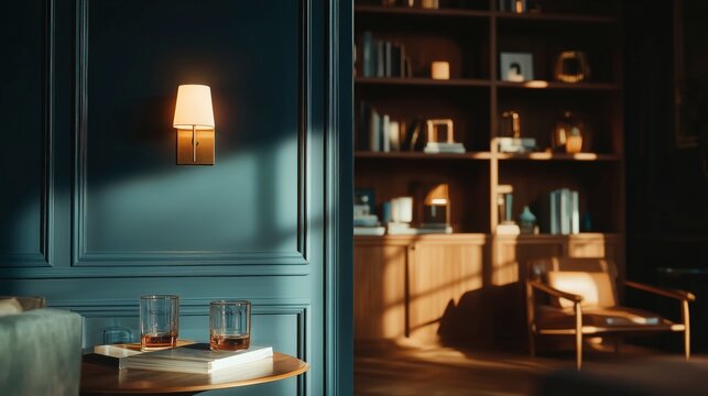 Moody and sophisticated interior with warm, atmospheric lighting. A dark, paneled wall, classic wooden bookshelf create an elegant and luxurious living space. Zoom Virtual Meeting Backdrop, Background