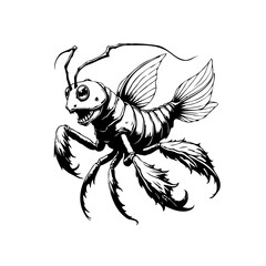 Intricate line art illustration displaying a bizarre insect fish fusion creature with sharp details