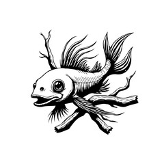 Mystical creature illustration a fantasy fish with strange fins in monochrome art style artwork image