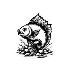 Artistic monochrome fish illustration with rocks and branches conveying a vintage fishing design