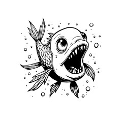 Whimsical monochrome illustration featuring a cartoonish fish character with exaggerated features and surrounded by bubbly water