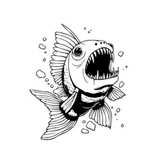 Cartoonish piranha drawing with exaggerated teeth swimming in water, a black and white illustration