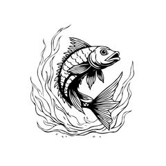 Elegant monochrome illustration showcasing a fish leaping amidst dynamic abstract waves artwork aquatic depiction