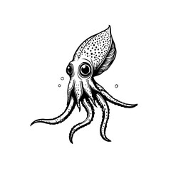 Detailed squid ink drawing showcases marine life with intricate detail and captivating monochromatic art line design illustration