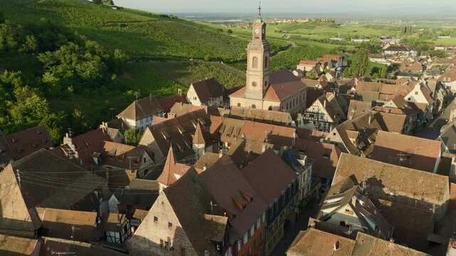 Aerial view of Riquewihr Vinyards and Alsacian Village on the Route des Vins in Alsace
