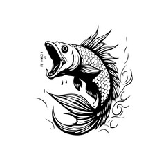 Detailed fish illustration showcasing intricate scales and expressive mouth with elegant swirling water elements artistic