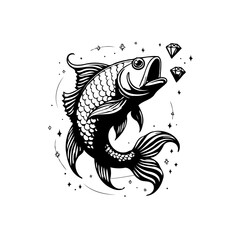 Intricate Black and White Illustration of a Fish Leaping for Diamonds in a Whimsical Design