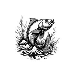 A mesmerizing illustration featuring a fish leaping from the water near rocks and branches in detailed artwork