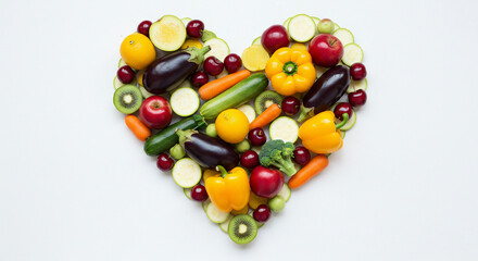 A heart-shaped arrangement of fruits and vegetables on a white background, symbolizing healthy eating.
