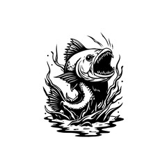 Captivating black and white illustration of a bass fish jumping out of water with open mouth and sharp teeth