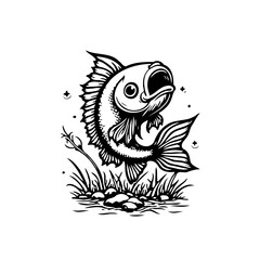 Whimsical aquatic adventure a charming cartoon fish illustration in monochrome detail amidst a grassy seabed scene