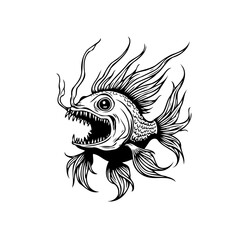 Stylized angry fish illustration with sharp teeth, depicting a fierce sea creature in black and white