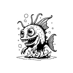 Humorous fish character with bulging eyes and sharp teeth in a black and white drawing