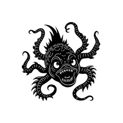 Illustration of a menacing sea monster with tentacles, sharp teeth, and bulging eyes on white