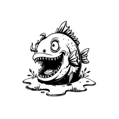 Cartoon fish character illustration with exaggerated features and expressive emotion in black and white