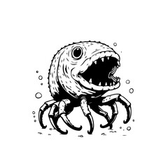 Black and white drawing of a peculiar creature with fish features and crab legs vector illustration