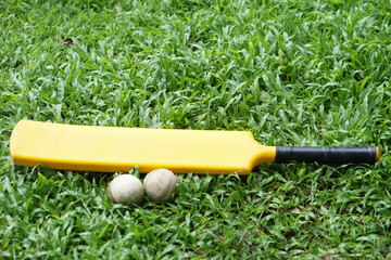 Yellow cricket bat and two balls on  lush green field. Concept, sport equipment,symbolizing the energy and excitement of outdoor sports. Perfect for promoting cricket training youth sports, or fitness