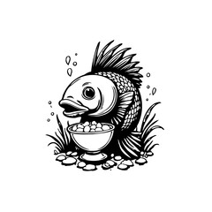 Cartoon fish character devouring food from a bowl underwater illustration with detailed scales and fins graphic design