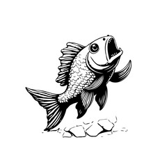 Black and white fish illustration, with open mouth and on some rocks in artistic expression