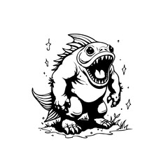 A whimsical and fierce monster with a fish head and muscular body in black and white illustration art