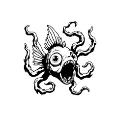 Surreal hybrid sea monster with fish head and octopus tentacles illustrated with ink drawing technique