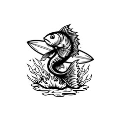 Surfing fish jumping out of the water with a surfboard line art style illustration design