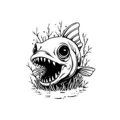 Cartoon Angler Fish Illustration with Sharp Teeth in Black and White Style Ready to Attack