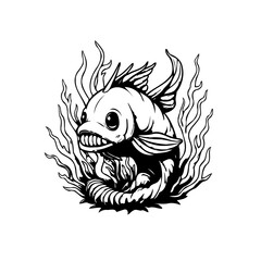 Stylized depiction of an aquatic creature surrounded by plants offering a monochrome illustration of underwater life